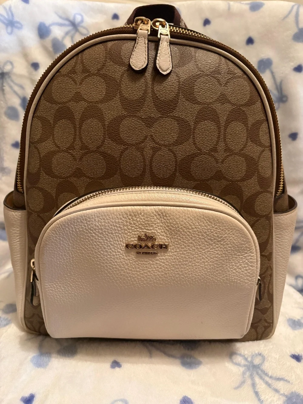 Coach Brown Signature Canvas Backpack with Chalk Front Pocket